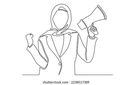 continuous line of hijab woman holding megaphone
