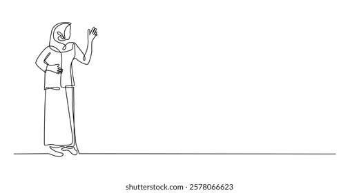 continuous line of hijab woman waving her hand.one line drawing of muslim woman waving her hand.single line vector illustration.isolated white background