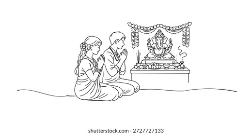 Ilustración de estilo de una sola línea de una pareja hindú rezando frente a Lord Ganesha. Arte lineal minimalista que muestra la actividad de adoración religiosa, la espiritualidad y la devoción, que representa la fe, la cultura y el ritual tradicional.