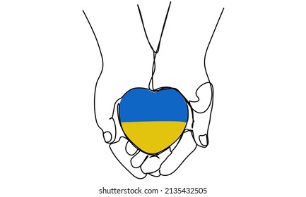 continuous line holds the heart of the Ukrainian flag, asking for peace.

