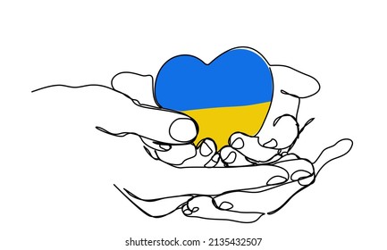 continuous line holds the heart of the Ukrainian flag, asking for peace.
