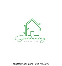 continuous line home with vines leaf plant logo design vector graphic symbol icon illustration creative idea