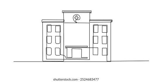 continuous line of hospital building.flat one line drawing of hospital seen from the front.single line vector illustration.isolated white background