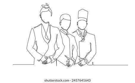 continuous line of hotel waiter.single line drawing of hotel receptionist,hotel chef standing welcoming guests.single line drawing isolated white background