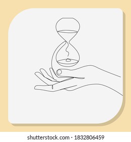 Continuous line, Hourglass in hands. Drawing of set Give. (Vector illustration one line drawing)