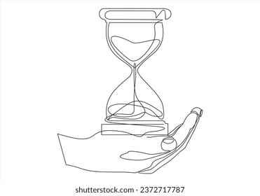 Continuous line, Hourglass in hands.Vector illustration one line drawing