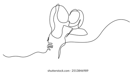 continuous line hugging a friend.one line drawing of a woman hugging her friend tightly.single line illustration.isolated white background
