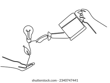 continuous line of human hands watering growing light bulb plants