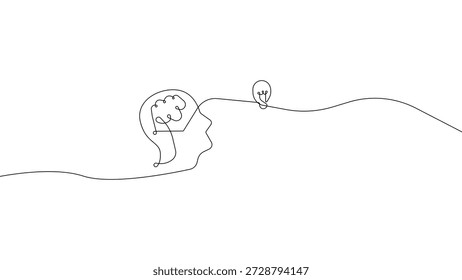 Continuous line human head looking at light bulb idea vector illustration, creative thinking inspiration concept minimalist outline