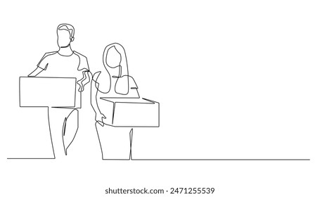 continuous line of husband and wife lifting cardboard boxes. line drawing of husband and wife moving to a new house, apartment, new residence. buying house furniture. line vector illustration