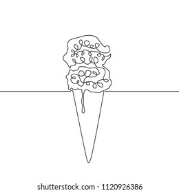 Continuous line ice cream with waffles. Vector illustration.