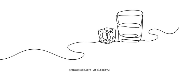 Continuous line, ice cubes and liquor glass, on the rocks Hand drawn vector art lines on transparent background.