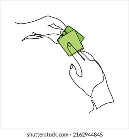 Continuous line icon Charity Donation Helping hands Giving alms. Payment in cash, purchase or purchase of goods. Vector illustration isolated on white background