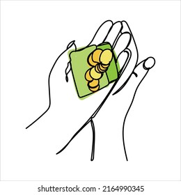 Icono de línea continua Donación de caridad Manos de ayuda Dando limosnas. Pago en efectivo, compra o compra de bienes. Ilustración del vector aislada en fondo blanco