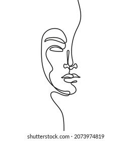 Continuous line icon. Woman's face in one line art style isolated on a white background. Outline minimalist design. Elegant silhouette for cards, textile and decor.  