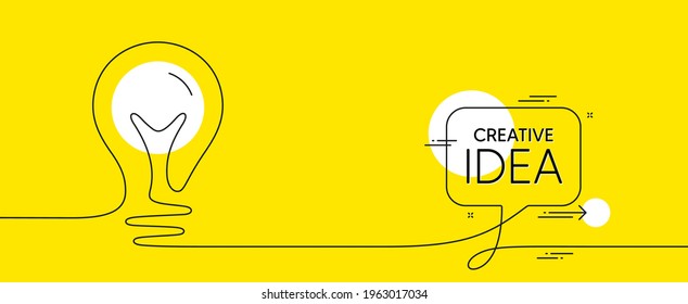 Continuous line idea icon. One light bulb silhouette. Speech bubble with lightbulb icon on yellow background. Idea doodle sketch with line. Handdrawn electric light bulb. Lamp silhouette. Vector