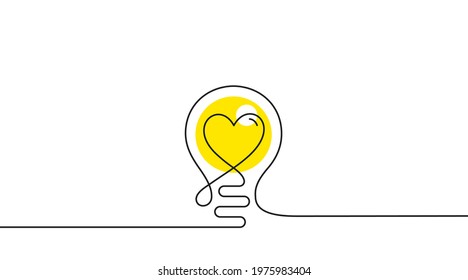 Continuous line idea icon. One light bulb silhouette. Electric lightbulb with heart background. Idea doodle sketch with continuous line. Handdrawn electric light bulb. Lamp silhouette. Vector