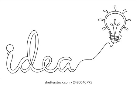 Continuous line idea icon. One light bulb silhouette. Electric lightbulb icon on white background. Idea doodle sketch with continuous line. Handdrawn electric light bulb. Lamp silhouette. Vector