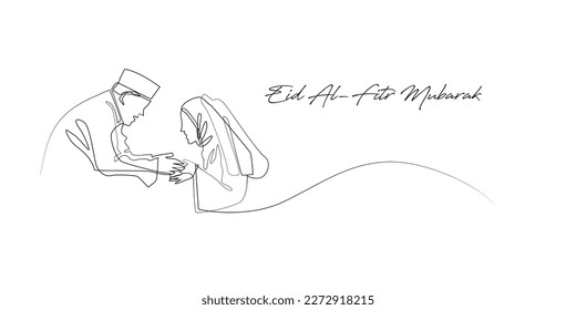 continuous line idul fitri mubarok.continuous line of celebration of victory day of muslims.shake hands,forgive each other.islamic traditions at the time of eid al fitr