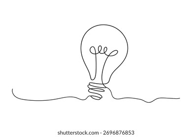 La línea continua ilustra una bombilla, simbolizando nuevas ideas, innovación y soluciones. El dibujo minimalista presenta una línea ininterrumpida que forma la forma clásica de la bombilla. sobre fondo blanco.