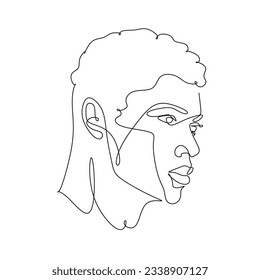 Continuous line illustration of  african american mens portrait. Concept afro american male face minimalist logo for barbershop 