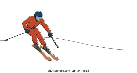 Continuous line illustration of an alpine skier in motion, wearing red gear and racing downhill on snow in a winter sports setting.
