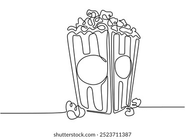Ilustración de línea continua de un cubo de palomitas de maíz. Capta la alegría de ver películas en un diseño minimalista.