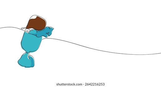 Continuous line illustration of a chocolate-coated candy in a bright blue wrapper, styled in a simple, modern design.
