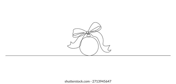 Ilustración de línea continua de regalo circular con cinta y arco. Arte minimalista de una línea de celebración, sorpresa y decoración festiva