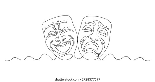 Ilustração em Linha Contínua de Comédia e Máscaras de Teatro de Tragédia. Símbolo minimalista de arte de uma linha de drama, emoção e artes cênicas