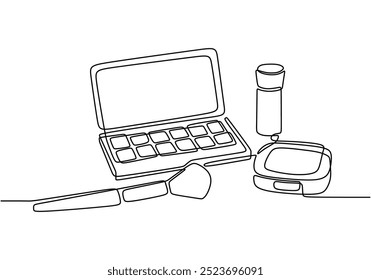 Continuous line illustration of a complete set of makeup tools. Celebrates artistry and self-expression in a clean artistic format.