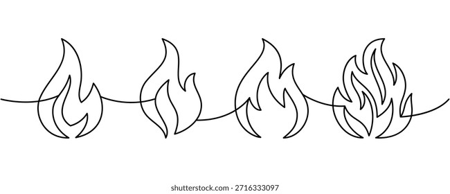 Ilustración de línea continua de llamas conectadas. Borde de Vector mínimo para productos calientes, advertencias de peligro y diseño decorativo moderno