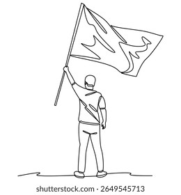A continuous line illustration depicting a proud individual waving a flag, representing unity, liberty, and national pride