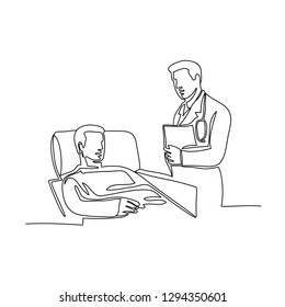 Continuous line illustration of doctor, surgeon or physician with patient on hospital bed done in monoline style in black and white.