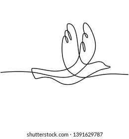 Continuous line illustration of dove or bird flying viewed from side done in black and white monoline style.