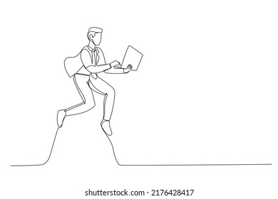Continuous line illustration of excited guy jumping up with laptop in hands isolated on white background
