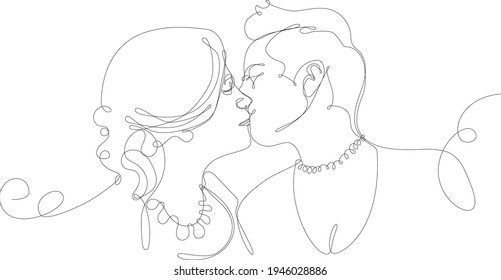 continuous line illustration of the face of two kissing women. Concept of homosexual relationships, love, LGBT, freedom of human rights. Illustration made in solid line, black line on white background