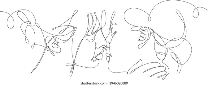 continuous line illustration of the face of two kissing women. Concept of homosexual relationships, love, LGBT, freedom of human rights. Illustration made in solid line, black line on white background