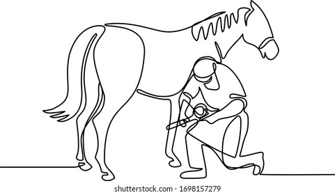 Continuous line illustration of a farrier working on a horse, trimming hoof done in black and white monoline style.