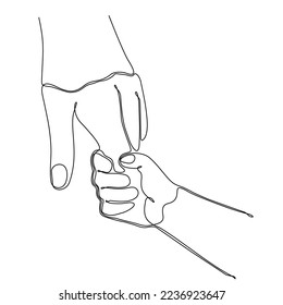
continuous line illustration of father and son hands. One line drawing of young and adult palms holding with love vector.