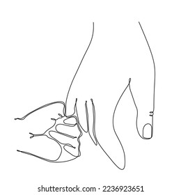 
continuous line illustration of father and son hands. One line drawing of young and adult palms holding with love vector.