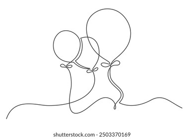 Ilustración de línea continua de globos festivos. Arte minimalista para decoraciones navideñas o de fiesta.