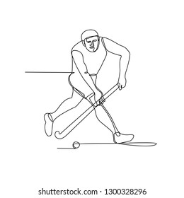 Continuous line illustration field hockey player and hockey stick running about to hit ball done in black   white monoline style 