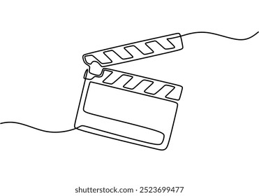 Continuous line illustration of a film clapperboard capturing the essence of cinema. Showcases the creative process in a clean format.