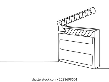 Continuous line illustration of a film clapperboard capturing the spirit of cinema. Showcases creativity in a clean design.