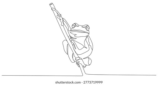 Continuous line illustration of a frog holding on to a piece of wood