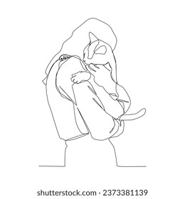 Continuous line illustration of the girl hugging her cat. Vector illustration of a girl cuddling with her cat. Vector illustration. Continuous line.