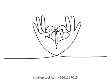 Continuous Line Illustration of Giving Hands with Heart Ribbon – Editable Stroke Artwork for Emotional, Supportive, or Unity Themes