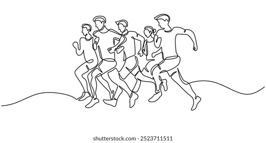 Ilustración en línea continua de un grupo de personas corriendo juntas, mostrando energía y camaradería en un contexto atlético. Representa la forma física y el trabajo en equipo en un estilo limpio.