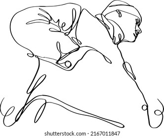 Continuous line illustration half  length portrait man and his hands in his pockets   cap  Bottom view  Black   white illustration white background